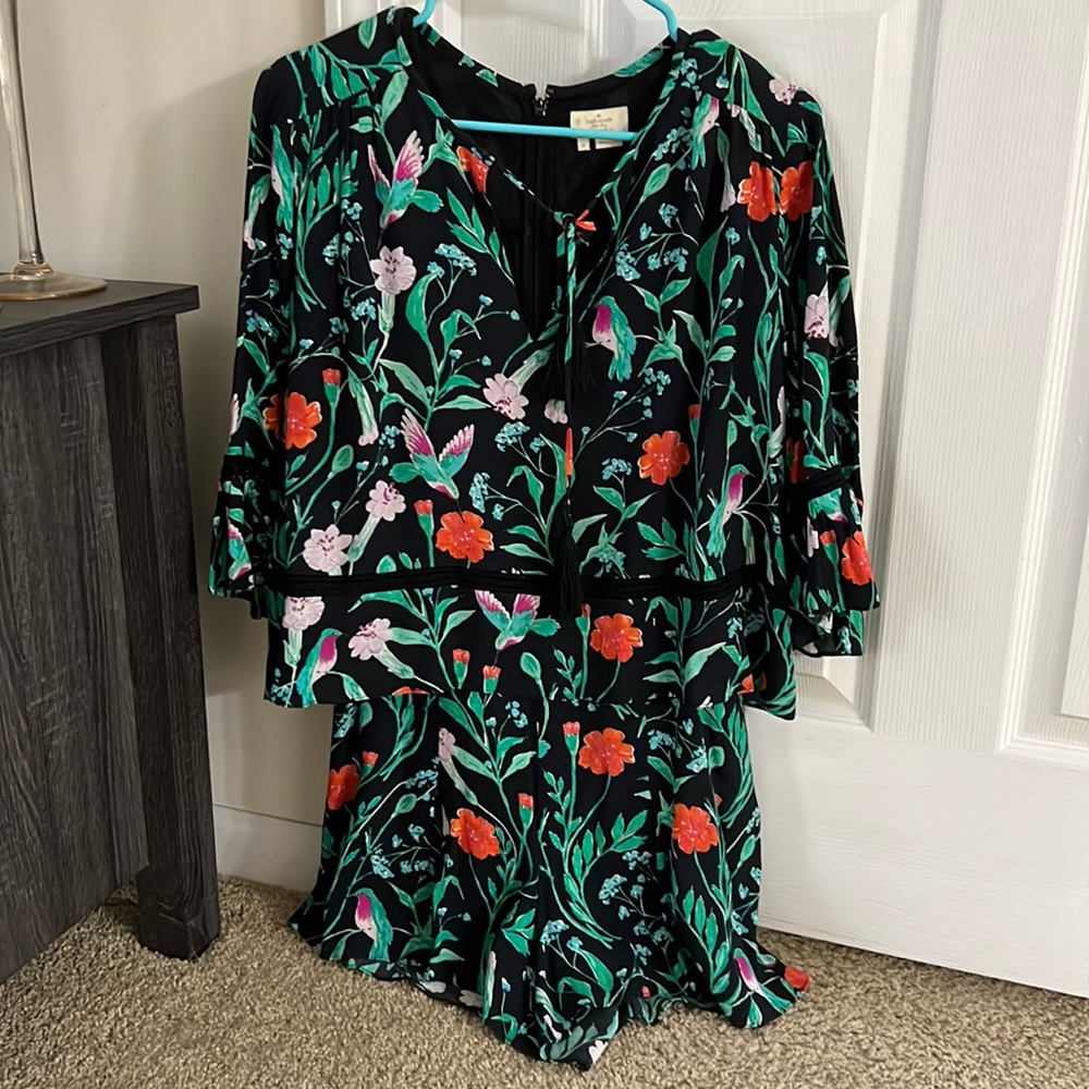 Kate Spade romper with zipper back and tassels on tie in front